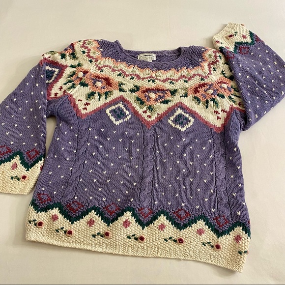 vintage jennifer reed spring floral purple & cream rami/cotton handknit sweater - Picture 2 of 4
